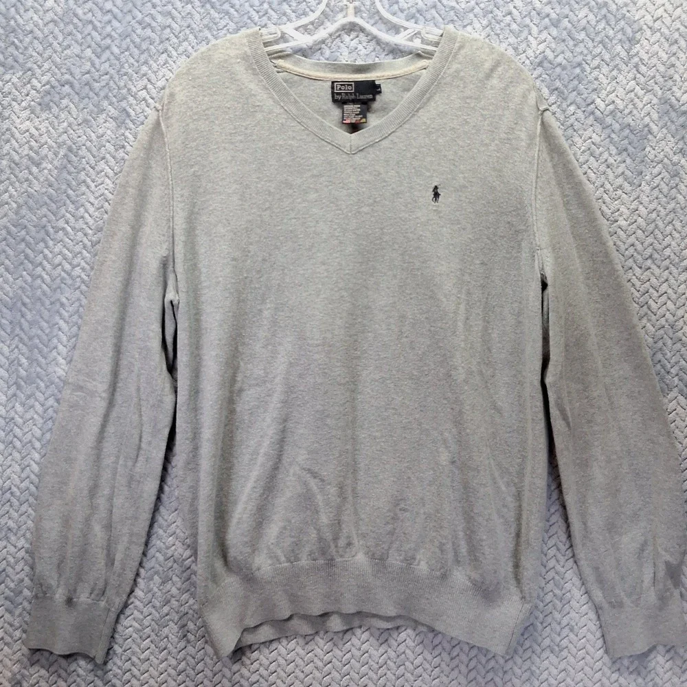 Vintage Polo Ralph Lauren Mens V-Neck Sweater Gray Cashmere Blend Large USA Made